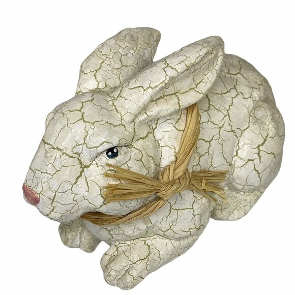 Farmhouse Easter Bunny Rabbit Figure White Antique Crackle Finish Spring Decor - Picture 1 of 12